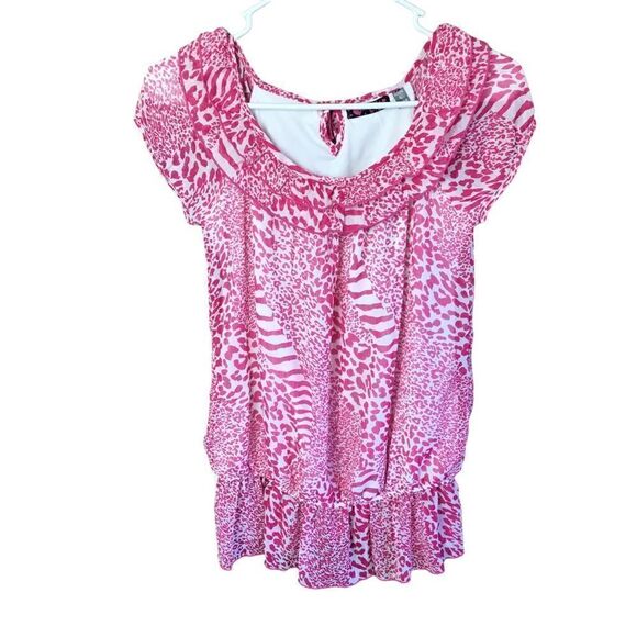 Tempted Blouse Pink White Animal Print Ruffled Layered Scoop Neck Large Girls - Picture 12 of 12